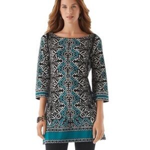 White House Black Market Black and Teal Printed Tunic